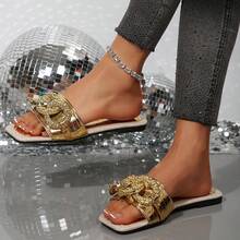 Women's Flat Square Toe Anti-Slip Beach Slippers - Gold Buckle - View 2