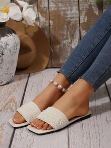 缀饰珍珠和水钻法式露趾平底凉鞋，加大码 42-43，夏季度假沙滩凉鞋，春夏秋季