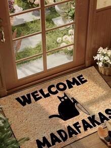 1pc Cat Holding Knife "Welcome" Pattern Doormat, Simple Style Indoor & Outdoor Non-Slip Mat, Machine Washable Anti-Fouling Absorbent Quick-Dry Entrance Mat, Suitable For Kitchen, Dining Room, Hallway, Bathroom, Bedroom, Outdoor, Entryway, Home Decor, Room Decor, All Season Rug Carpet Rugs Door Mat Carpet For Living Room Kitchen Rug Bedroom Decor Blankets And Throws Rugs For Bed Room Bathroom Decor Room Decoration Stuff Living Room Decor Office Decor House Decor Home Decor Living Room Bathroom Rug Room Decor Aesthetic