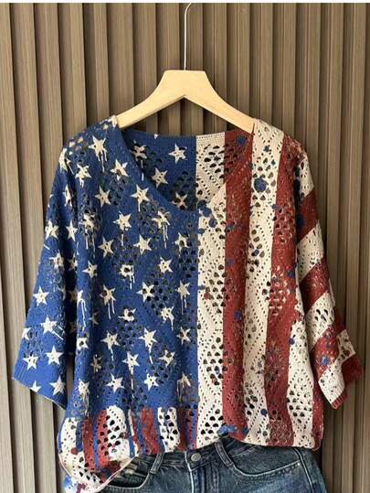 Women's V-Neck Knit Sweater With 3D Painting USA Flag Print