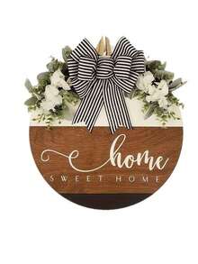 Wooden "Welcome Home" Sign, Striped Bow Decoration Outdoor Hanging Plaque, Spring White Flower Decor - Multicolor - View 6