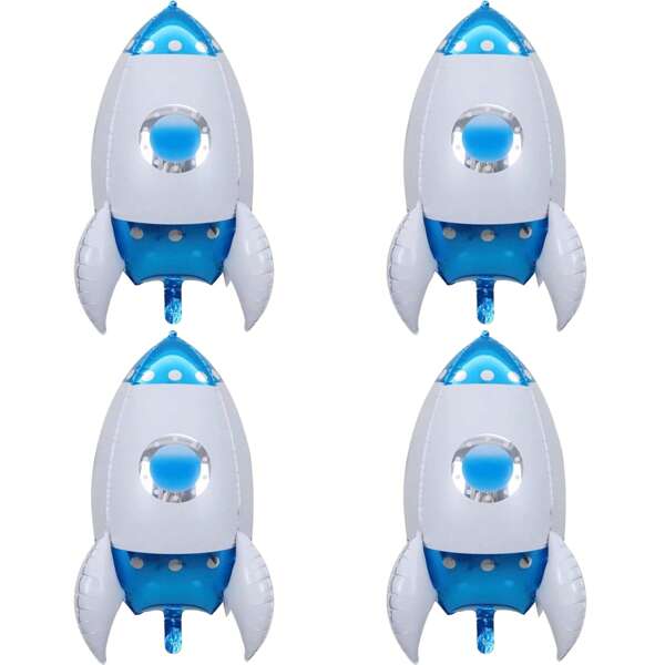 Balão de foguete azul Mylar 4D de 27 polegadas, 4 unidades, decoração espacial, tema universo, balão de aniversário, decoração para festa de aniversário