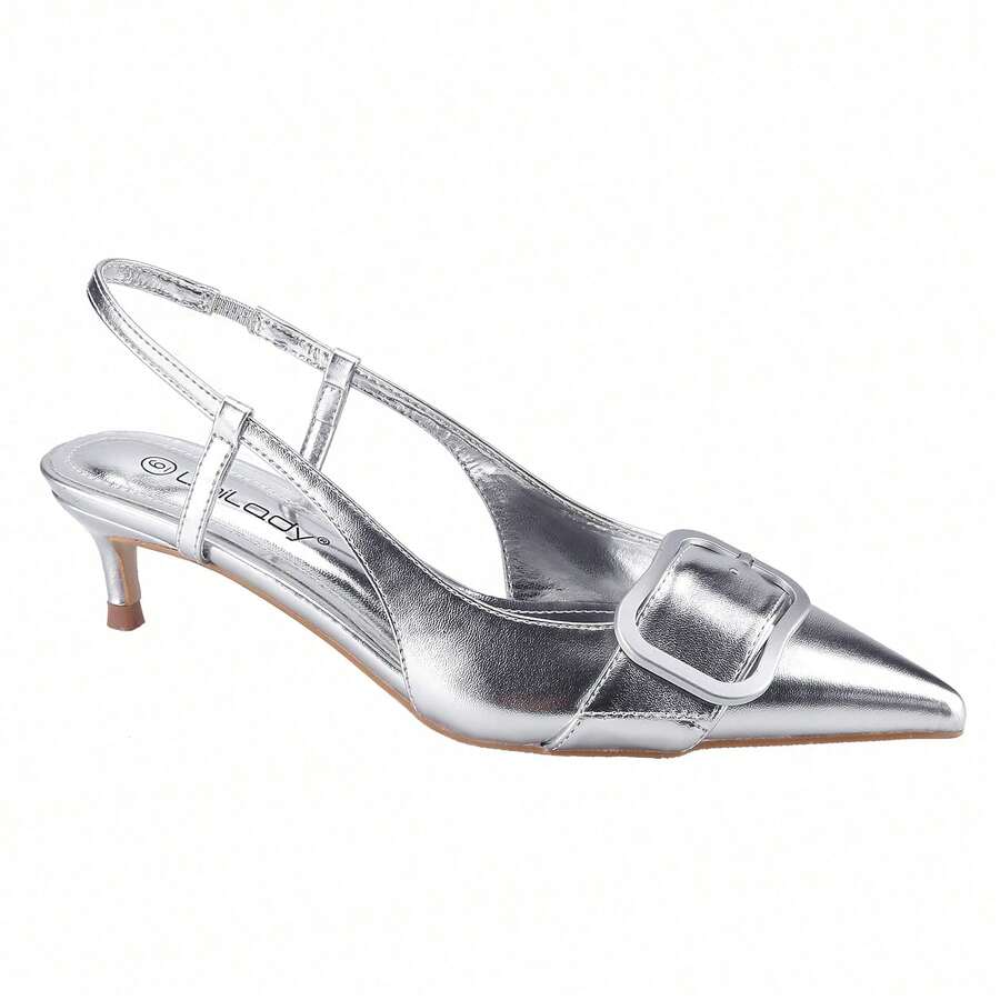 BELOVELY[ORDER-32]Womens Slingback Pumps Bow Tie Closed Pointed Toe Kitten Heels Mules Slip On Wedding Dress Pumps Shoes - 銀色 - 查看 1