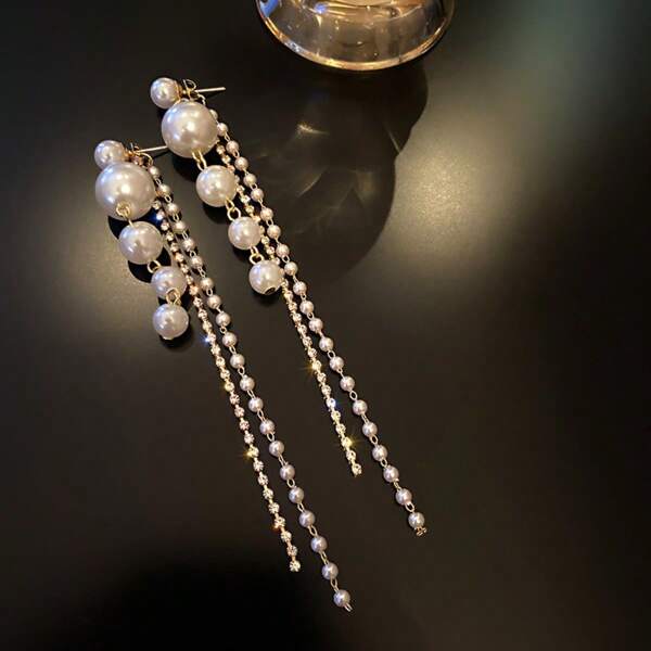 Imitation Pearl Tassel Earrings, Elegant Long Earrings, Fashionable Earrings, Dazzling Crystal Decorations, Ladies' Christmas Gifts, Valentine's Day Gifts, Birthday Gifts, Suitable For Girls And Ladies