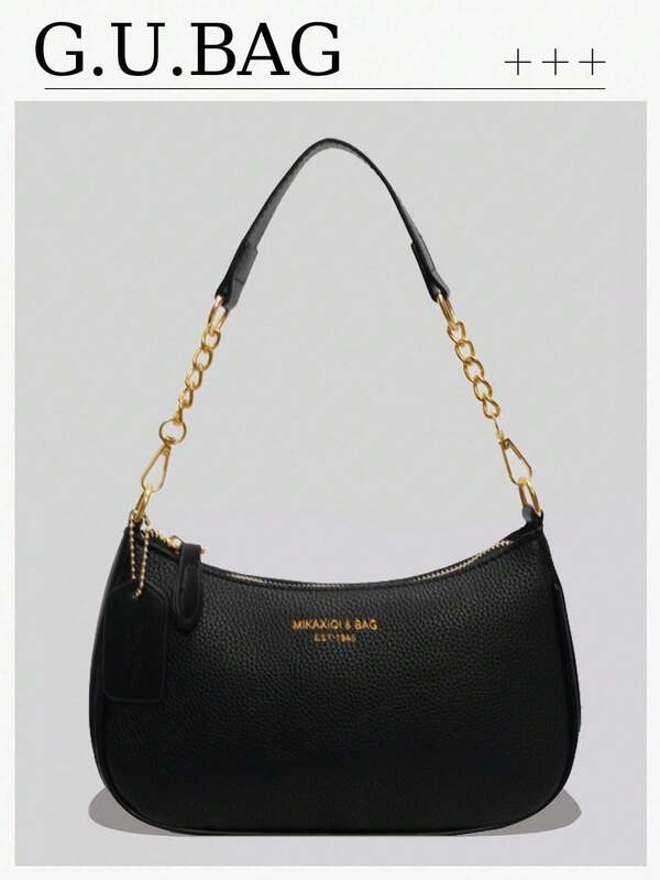 قطعة واحدة حقيبة كتف من جلد البولي يوريثان باللون الأحادي للنساء، حقيبة متعددة الاستخدامات للتنقل، حقيبة كتف قابلة للتعديل بشكل مربع صغير، حقيبة تحت الإبط، حقيبة بسلسلة معدنية بسيطة، حقيبة يد