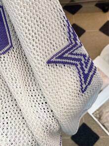 女士超大夏季情侣数字印花宽松休闲运动衫，优雅镂空冰丝针织毛衣 - 淡紫色 - 查看 10