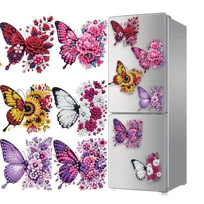 6pcs Diamond Art Refrigerator Magnets, Cute Butterfly & Flower Diamond Painting Decor DIY Diamond Painting Magnet Kit For DIY Crafts, Gifts, Refrigerator, Mailbox Decoration