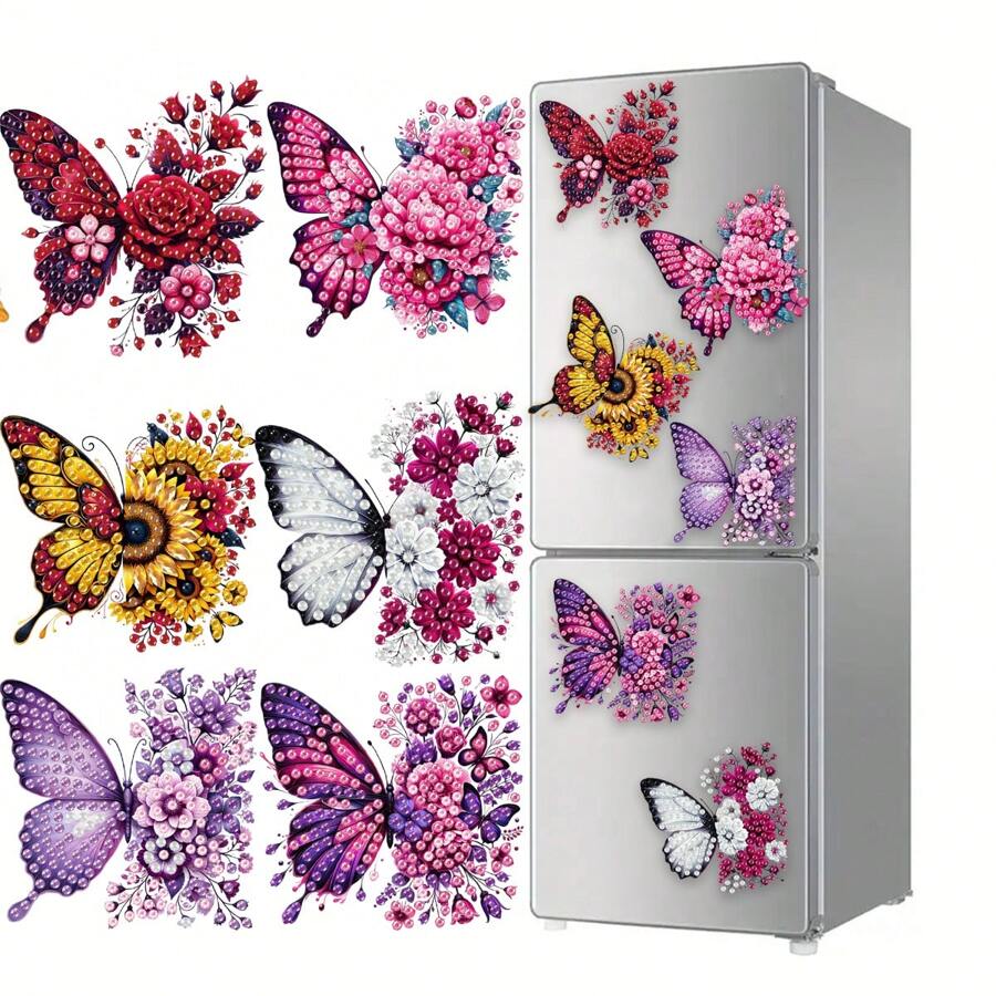 Set de 6 imanes de nevera de arte de diamantes, lindos diamantes de pintura decorativos de mariposas y flores para manualidades DIY, regalos, decoración de nevera y buzón