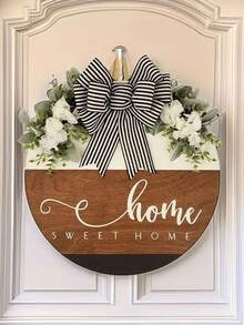 Wooden "Welcome Home" Sign, Striped Bow Decoration Outdoor Hanging Plaque, Spring White Flower Decor - Multicolor - View 1