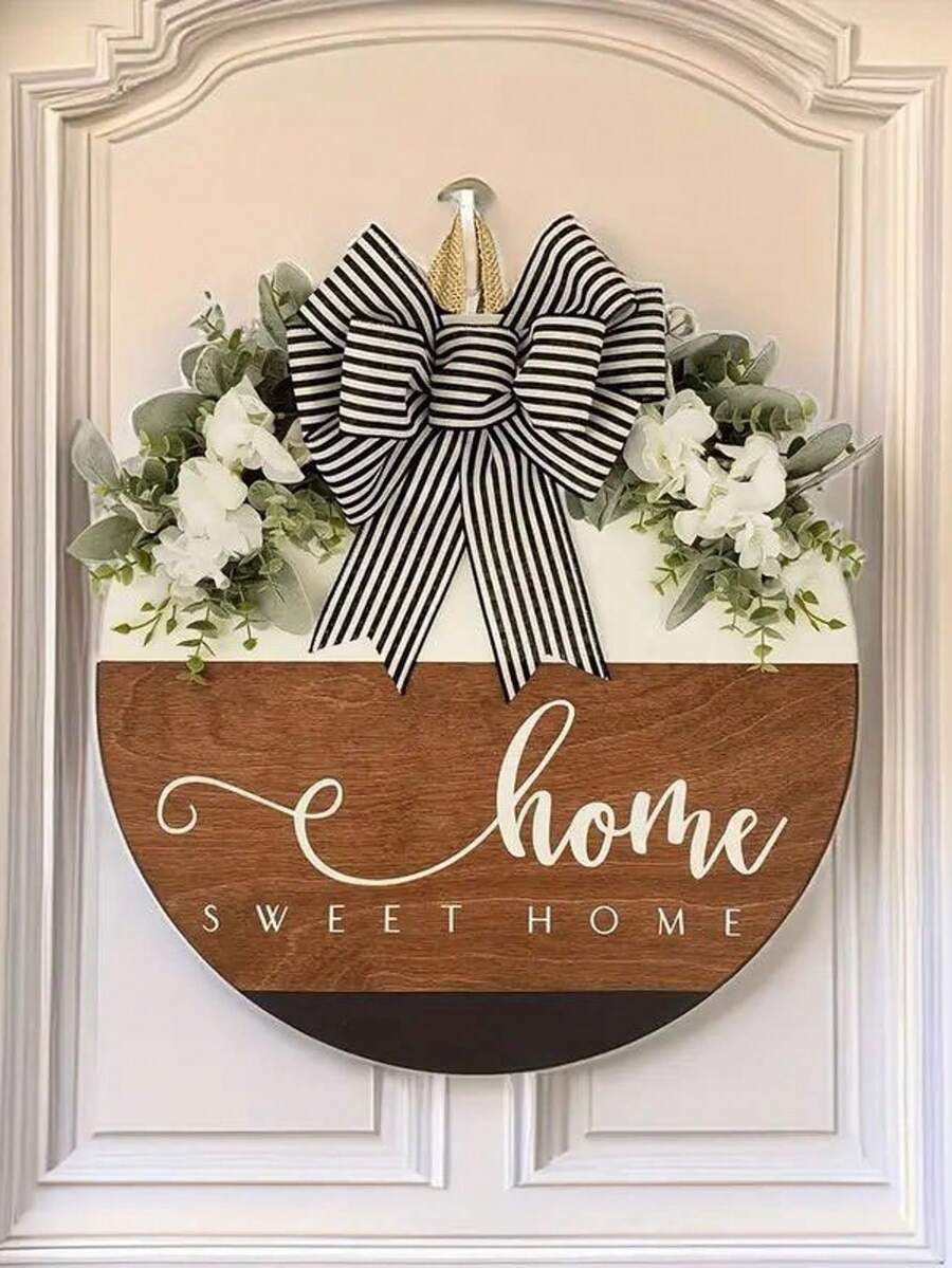 Wooden "Welcome Home" Sign, Striped Bow Decoration Outdoor Hanging Plaque, Spring White Flower Decor - Multicolor - View 1
