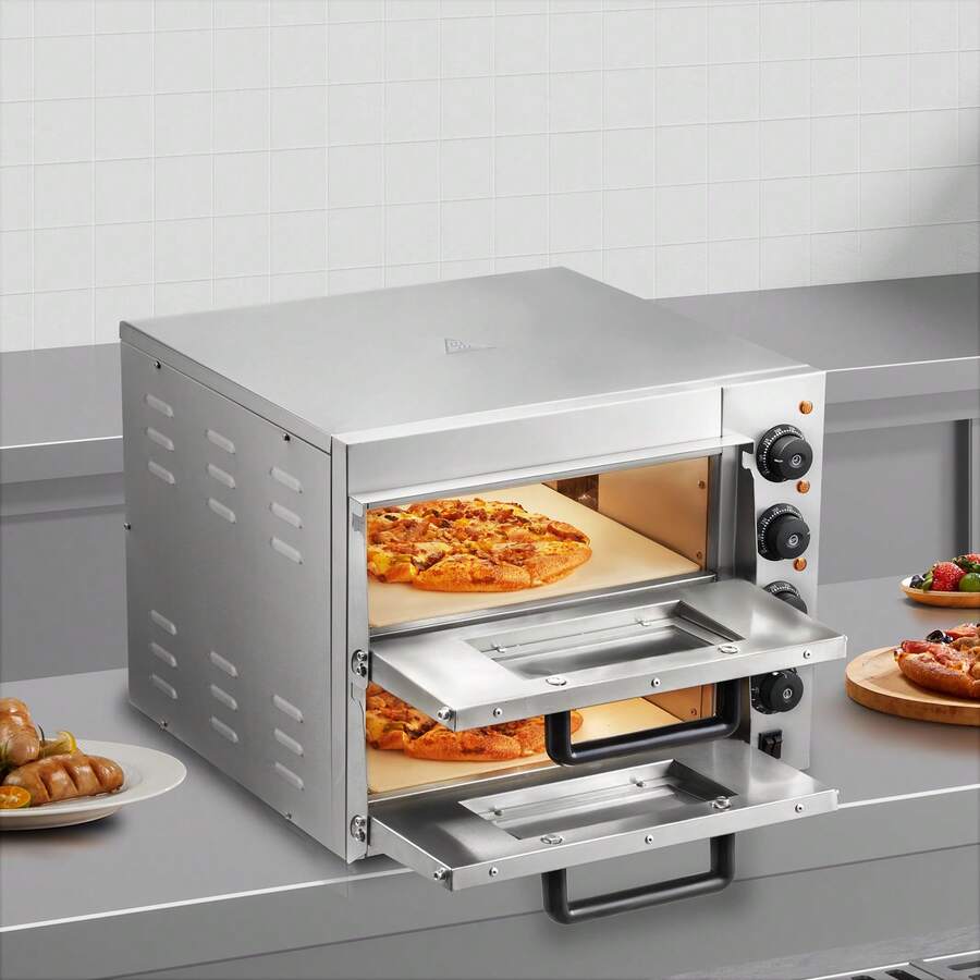 Commercial Pizza Oven Countertop, 14" Double Deck Layer, Stainless Steel Electric Pizza Oven With Stone And Handle, Multipurpose Indoor Pizza Maker For Restaurant Home Pretzels Baked - 14inch Double Layer - View 1