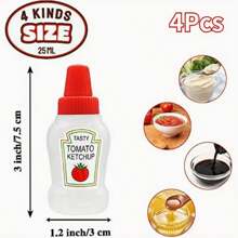 4pcs Mini Portable Salad Dressing Bottles - Durable PP Plastic Seasoning Containers, Suitable For Picnics, Camping And Dining Out (Ketchup, Honey Mustard, Soy Sauce, Oil)