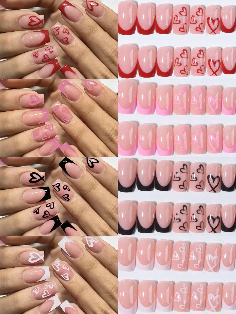 96片（4种混合款式）心形亮片法式美甲贴纸，中号，完美贴合，亚克力假指甲套装，包含1瓶果冻胶和1把指甲锉，适合情人节美甲和法式美甲，是女性、女孩、日常工作、节日和派对的理想之选，美甲用品。