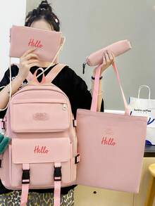 4PCS Customized Embroidered Name Student Backpack Set, Personalized Large Capacity Solid Color Minimalist School Backpack, Fashionable Lightweight Travel Laptop Bag, Includes Backpack, Pencil Case, Tote Bag, Suitable For High School, College, Elementary Students, Can Be Used As Birthday, Christmas, New Year, Back To School Gift For Kids - Multicolor - View 5