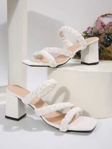 法式时尚高跟鞋，纯色优雅度假休闲通勤商务女士凉鞋，7厘米厚编织皮革带，适合婚礼派对办公室家居户外夏季 - 白色 - 查看 6