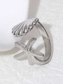 1 Pc Stainless Steel Shell & Starfish Decor Open Ring, Fashionable Daily Wear For Women - Geometry - View 8