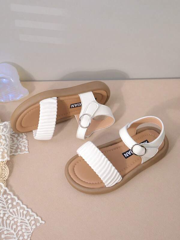 Fashionable White Children's Sandals With Exquisite Pleats And Metal Buckles, Comfortable To Brighten Up Your Kid's Summer Outfits!