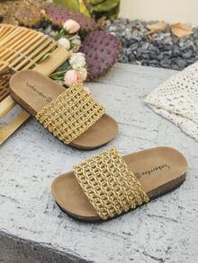 1 Pair New Style Kids Fashionable Casual Handmade Woven PU Material Net Striped Embellished Non-Slip Soft Cork Flat Open-Toe Slippers, Suitable For Summer - Ginger - View 5