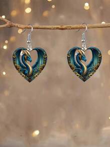 Brincos elegantes e fofos com pingente de dragão em forma de coração, acrílico 2D leve, padrões de dupla face, adequados para festas e presentes, estilo elegante e fofo, com tema de festival