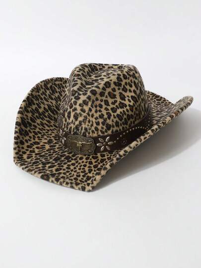 1 st, konstläder leopardtryck för kvinnor, dekorerad cowboyhatt, moderiktig och mångsidig jazzhatt, lämplig för daglig outfit, evenemang med västerländskt tema, fester, konserter, nattklubbar, vår/höst