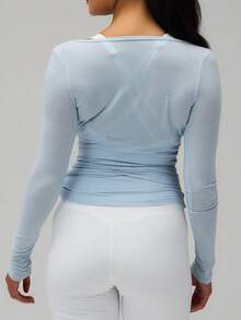 Pilates Wrap Tie Shirt Tops For Women Long Sleeve Ballet Tie Top Dance Ballerina Cover Up Top Yoga Workout Blouse - 淺藍色 - 查看 2