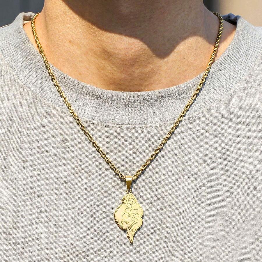 RINTOLER 1pc Vintage Stainless Steel Rose Skull Pendant Necklace, Fashionable For Men's Daily Outfit, Travel Or Gift - Gold - View 1