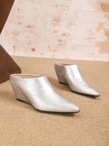 Mules mit offenem Rücken für Damen, europäischer Stil, weiches Leder, quadratische Zehenkappe, Keilabsatz, hoher Absatz, Schlüpfen