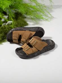 A Pair Of Fashionable New Baby Slippers, Unisex, Imitation Suede Upper With Metal Buckle Accessories, Comfortable Foot Feel, Non-Slip Rubber Sole, Suitable For Babies To Play On The Beach Outdoors And Take Daily Leisure Walks