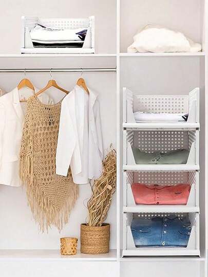 1pc Stackable Plastic Storage Basket Shelf, Applicable For Wardrobe, Cabinet, Kitchen, Bathroom, Bedroom, Office Organization