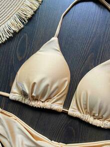 Bộ bikini buộc dây cổ màu trơn, thích hợp cho kỳ nghỉ hè trên bãi biển. - Màu Khaki - Xem 6