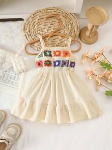 Bohemian Style Baby Girl Crochet Flower Decor Cinched Waist Sleeveless Dress - Apricot - View 1