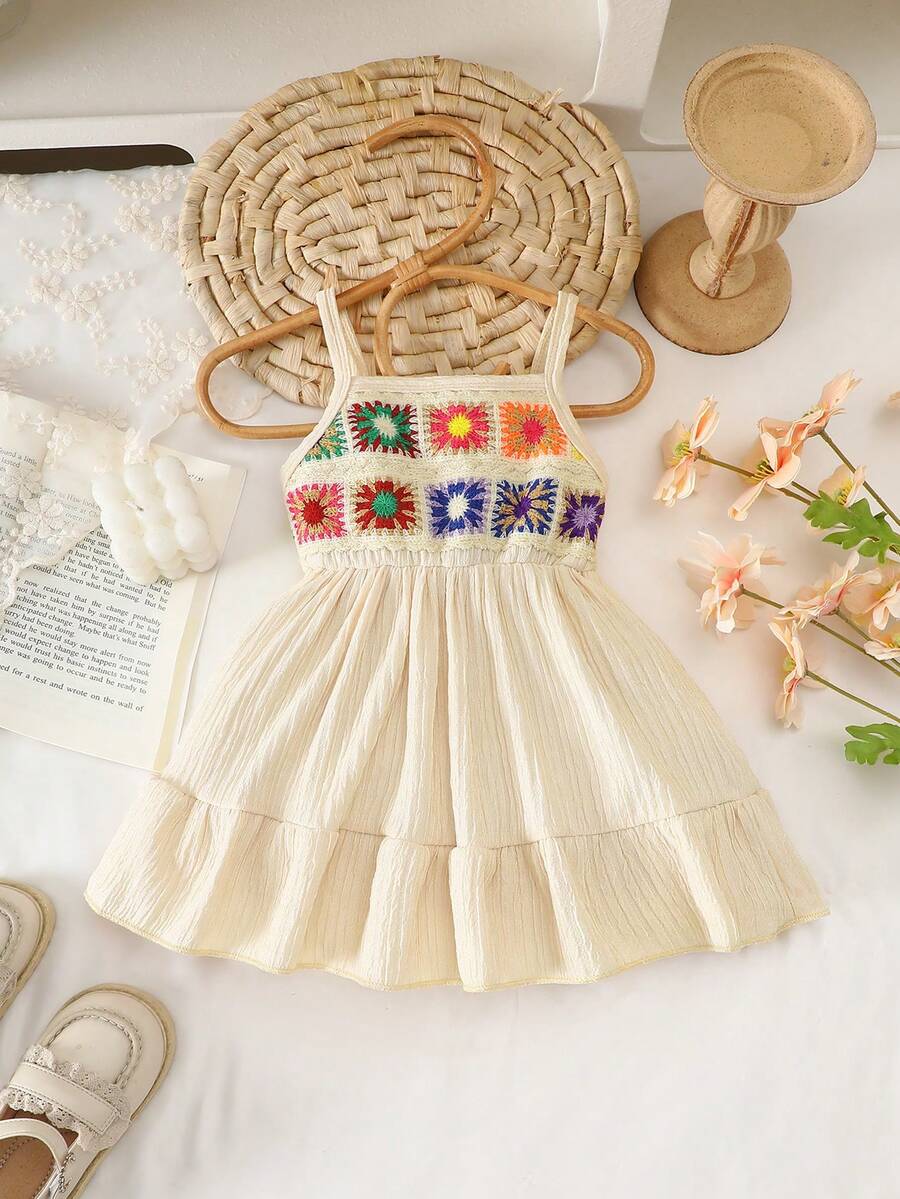 Bohemian Style Baby Girl Crochet Flower Decor Cinched Waist Sleeveless Dress - Apricot - View 1