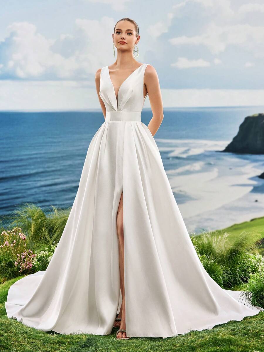 Women Solid Color Summer Deep V-Neck Split Thigh White Formal Evening Gown,Wedding Dress For Bridal, Bride - White - View 1