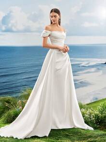 夏季露肩浪漫缎面亮白色优雅美人鱼婚纱，适合新娘、订婚，带拖尾 - 白色 - 查看 8