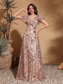 Elegant Floral V-Neck Dress With Sheer Mesh Sleeves And Shiny Trim, A-Line Silhouette Perfect For Weddings, Parties And Formal Events - Breathable Mesh Fabric For All Seasons, Elegant Event Wear | V-Neck Dress | Floral Patterned Dress - Champagne - View 5