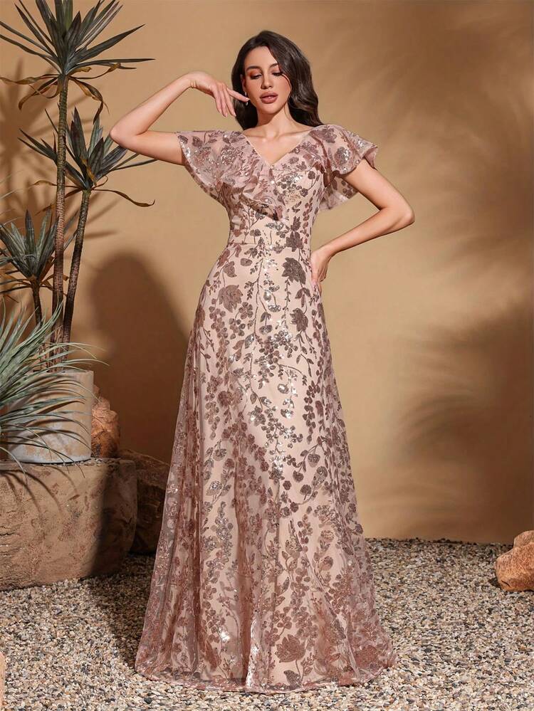 Elegante vestido de cuello en V con flores, mangas de malla transparente y ribete brillante, silueta de línea A perfecto para bodas, fiestas y eventos formales - Tela de malla transpirable para todas las estaciones, vestimenta elegante para eventos | Vestido de cuello en V | Vestido con estampado floral - Champán - Añade 5