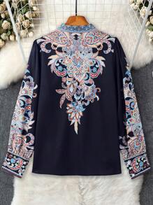 Camicia da donna a maniche lunghe con collo alla coreana, bottoni, con stampa, adatta per primavera ed estate