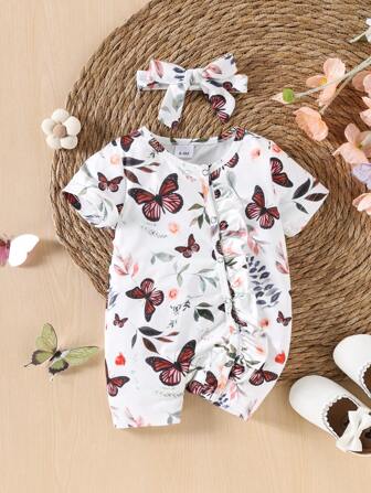 2 piezas Mameluco elástico de estampado de mariposa cómodo y lindo para bebé, vestimenta casual para exterior de manga corta