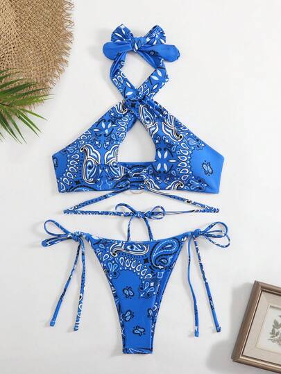 2025 New European & American Style Women Halter Bikini 2 Pieces Swimsuit, Elastic Knitted Fabric, Special Printed Pattern, Front Metal Ring Decor, Tie-Up Bikini, Suitable For Summer Beach, Pool Party