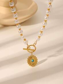 1pc 18K Gold Plated Stainless Steel Cultured Pearl & Turquoise Inlay Circle Pendant Necklace, Fashionable & Elegant, Suitable For Women's Daily Wear, Festivals, Weddings, Parties, Birthdays, Holidays, Great Mother's Day Gift - Gold - View 3