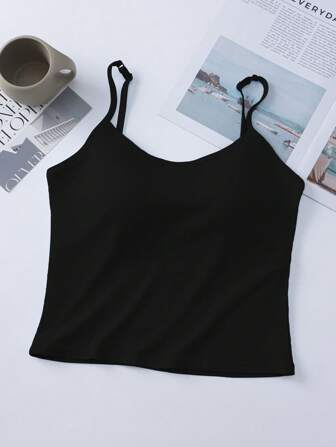 1 件女式纯色罗纹吊带背心，带胸垫，薄款休闲露脐背心，健身