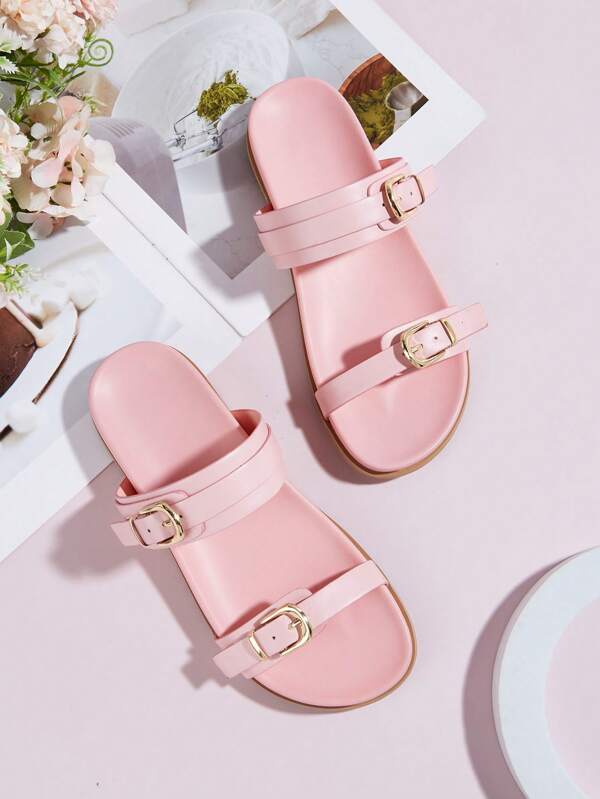 Sandalias planas de estilo romano con hebilla, de color rosa, para uso informal y diario, apropiadas para primavera/verano