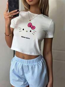 Sanrio 1 Pc Sanrio Hello Kitty Graphic Round Neck Short Sleeve Slim Crop T Shirt Top Tee For Women Sexy Cute T-Shirts White For Girls Valentines Gifts