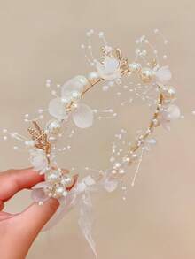 1 件女孩珍珠花头带带丝带，手工制作的波西米亚风发饰，适合节日、旅行、派对、婚礼、拍照