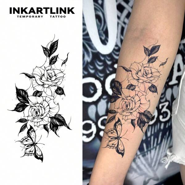INKARTLINK Nicht permanente Tattoo-Technologie, Rose Blumen inspiriertes Design temporäres Tattoo, semi-permanentes Tattoo, natürliche matte Oberfläche, wasserfest und hält 1-2 Wochen, super einfach aufzutragen auf Händen, Rücken, Schultern