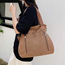 Women's Plain Zip Front Large Capacity Casual Shoulder Bag