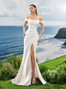 优雅佛罗伦萨简约开叉大腿美人鱼白色婚纱新娘，优雅正式晚会舞会婚礼宾客礼服，适合毕业典礼、晚宴、新娘 - 白色 - 查看 7
