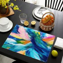 1/4/6/8/12 Pcs Linen Dining Table Placemats, Colorful Feather Oil Painting 3D Print Washable Table Mats, Surface Protective Pads, Indoor Outdoor Dining Table Mats, Suitable For Holiday Parties, Kitchen
