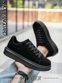 Men's Minimalist Style Classic Versatile Color Block Lace-Up Black Sneakers, Teens Outdoor Casual Couple Sports Shoes, Formal Wear