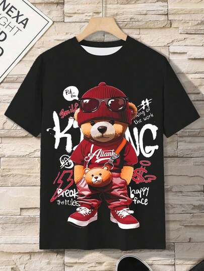 朋克熊 3D 数码印花卡通熊图案男士 T 恤，舒适短袖套头衫，男士户外服装